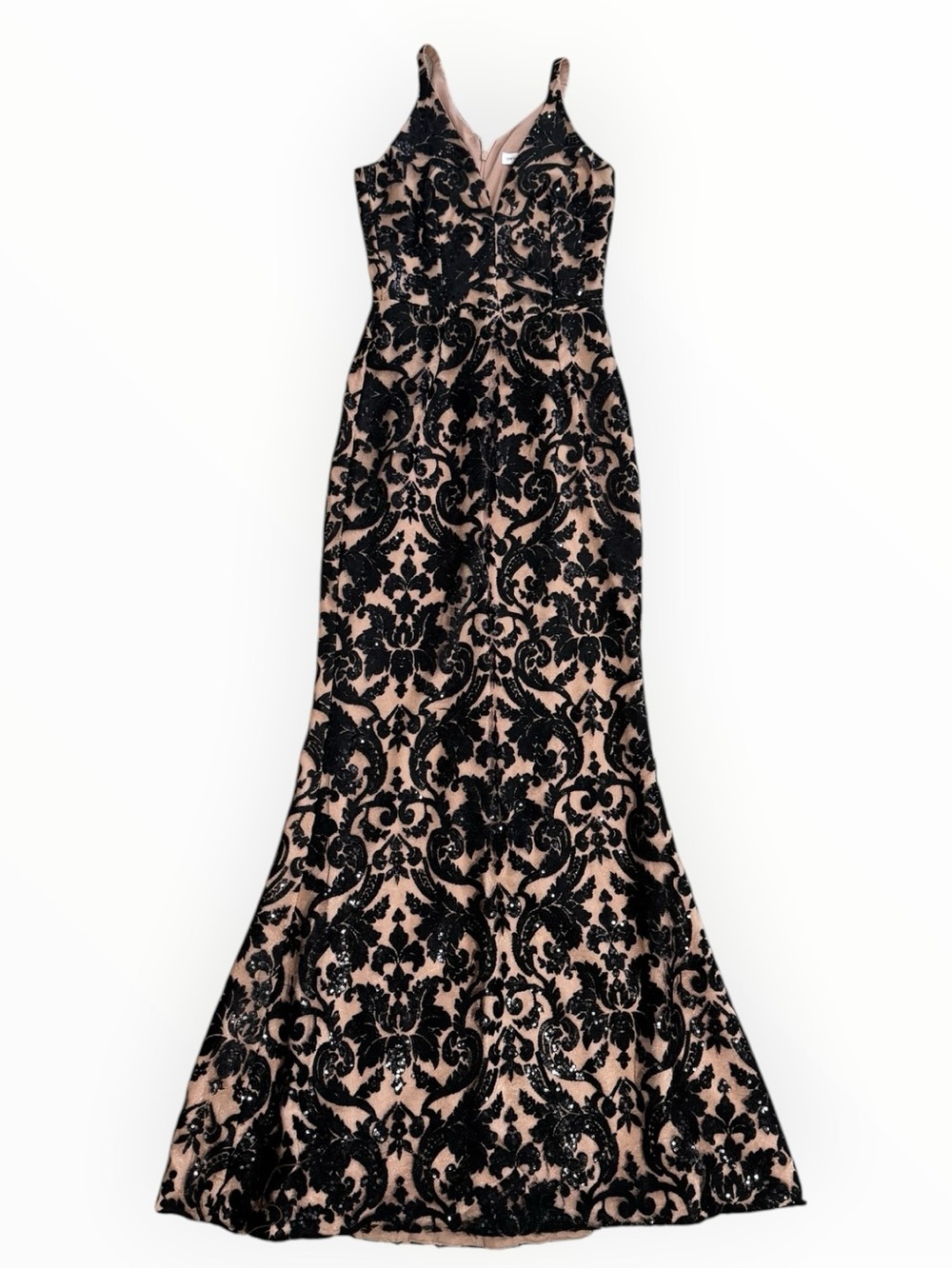 DRESS THE POPULATION Karen Black Lace Sequin Maxi Gown Nude Lining S Mermaid - Picture 6 of 11